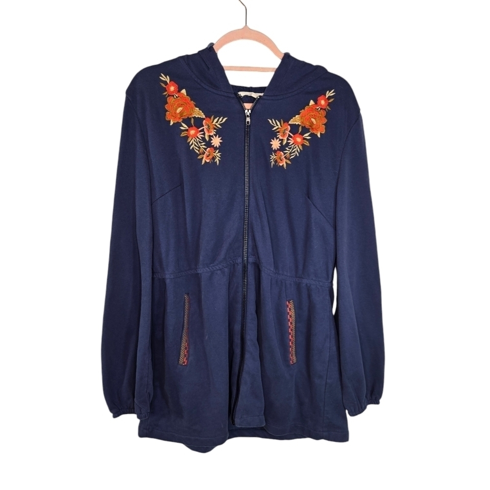 Solitaire blue embroidered hooded boho sweatshirt jacket xl